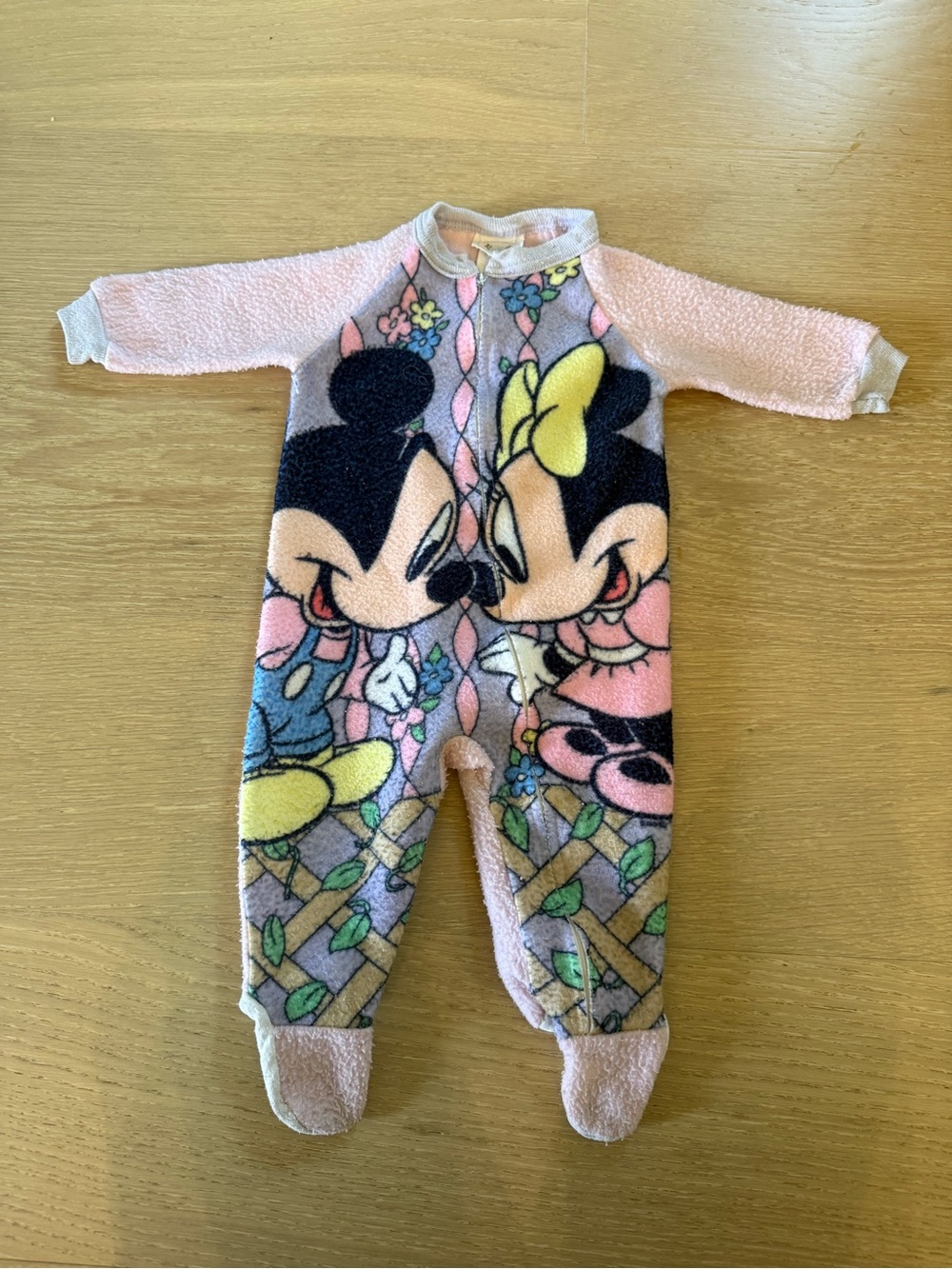 VTG Disney Minnie & Mickey Pink Fleece Footed One-Piece 90s RARE nostalgia 12mth